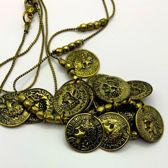 Faux Coin & Beaded Necklace. Goldtone twisted chain w/faceted beads & faux coins - Picture 2 of 4